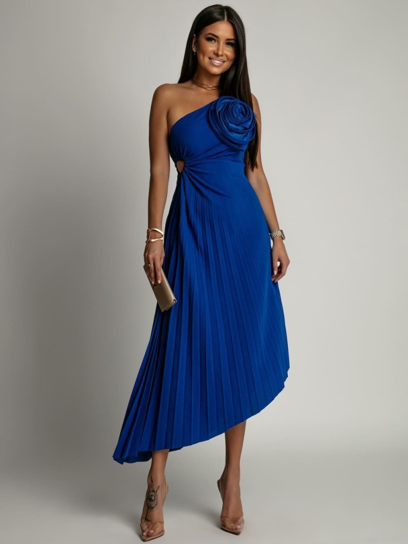 Elegant pleated dress with a cornflower blue flower AZRHP6987